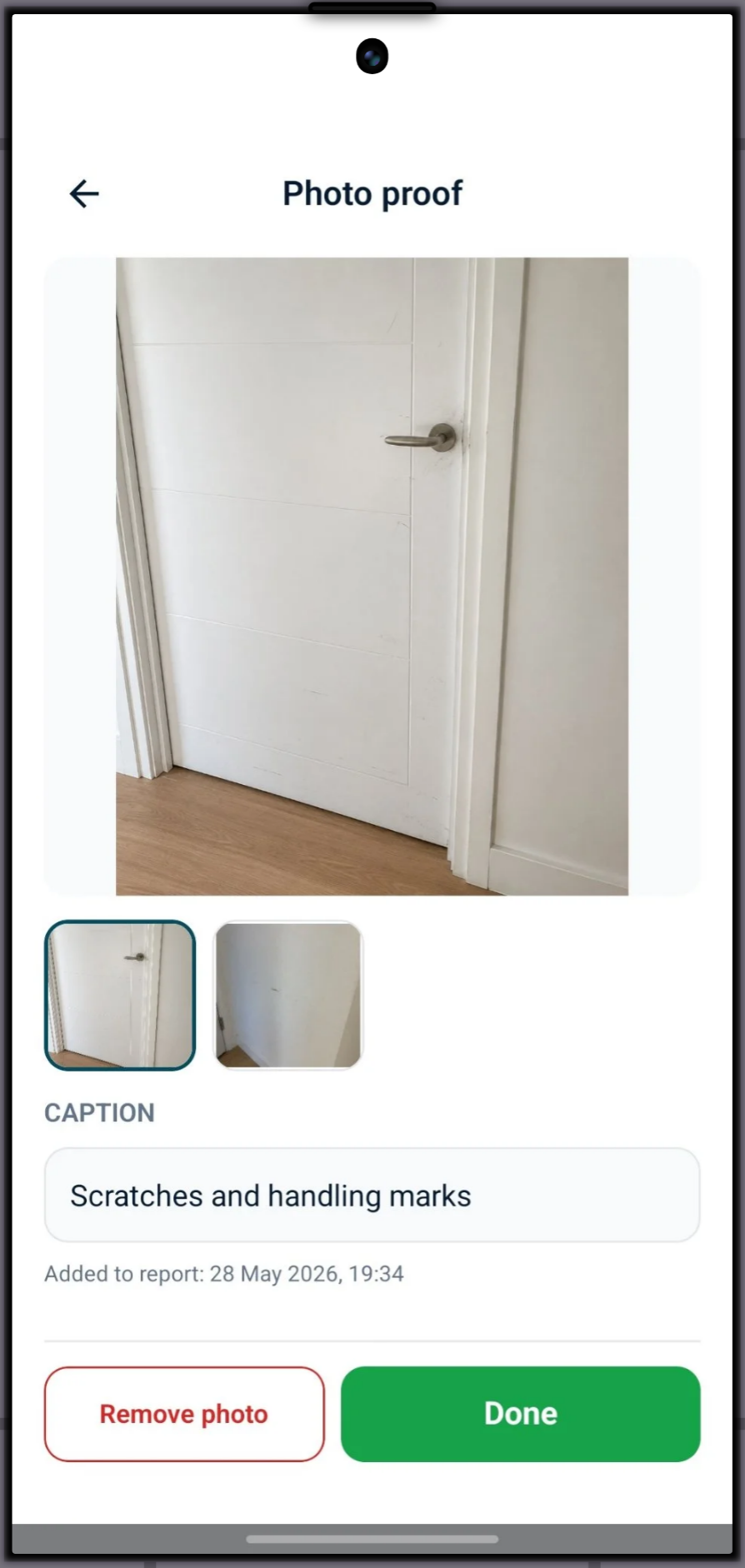 StayProof photo evidence screen with caption